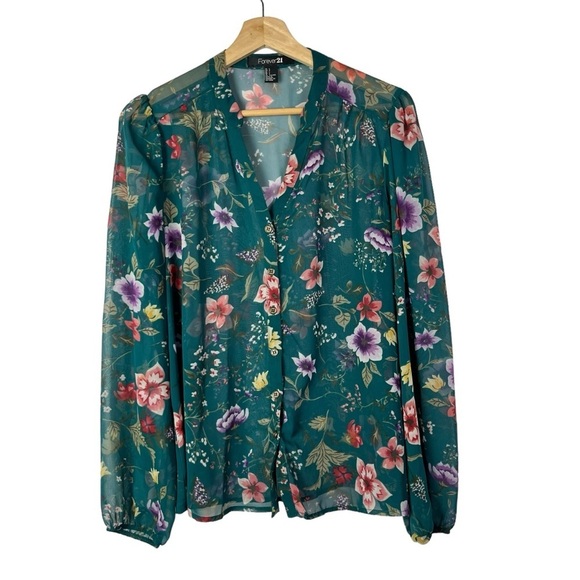 Forever 21 Blue Floral Sheer Chiffon Long Sleeve Button Up Blouse L - Picture 1 of 4